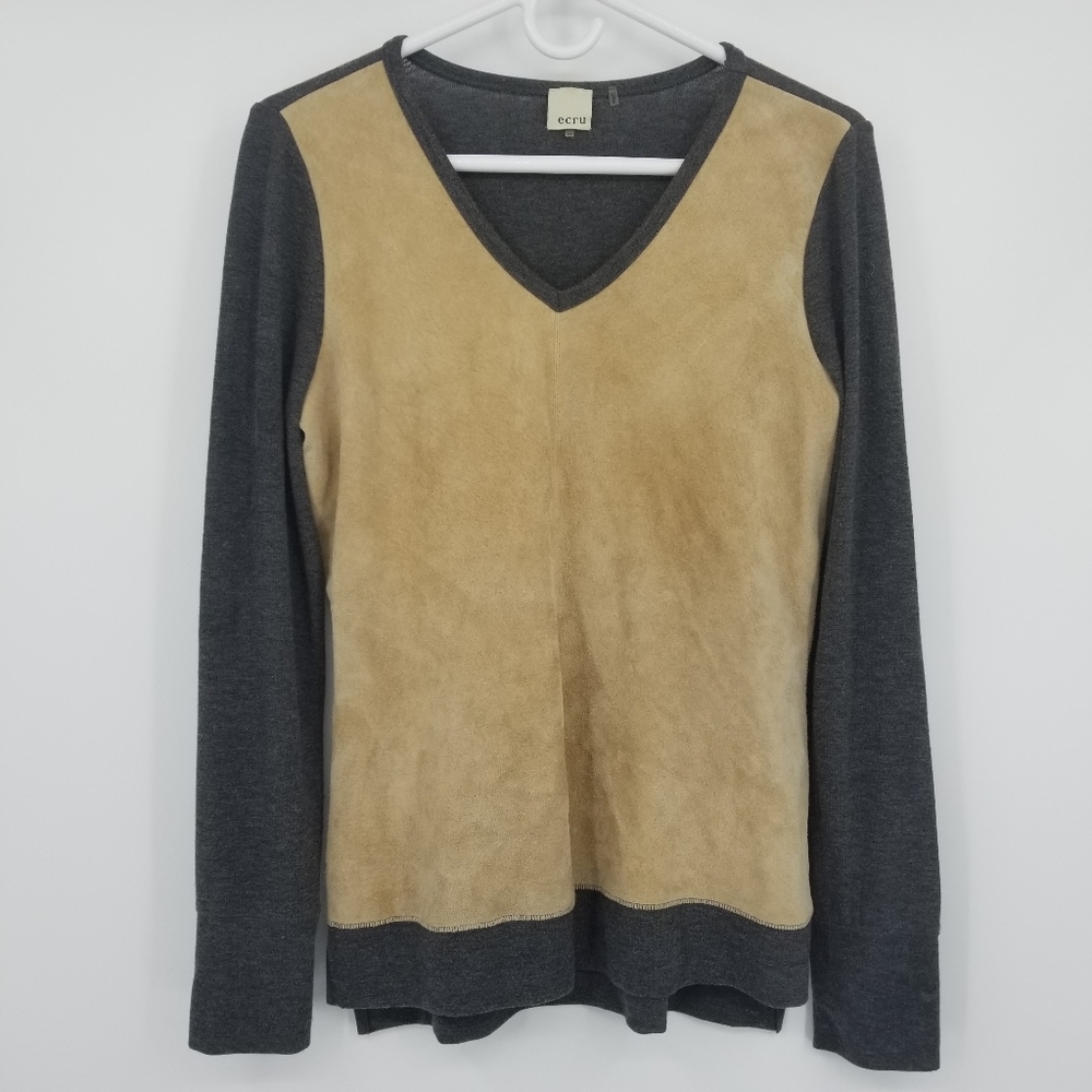 Ecru Suede Long Sleeved Women's V Neck Shirt Size Medium‎